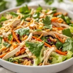 Colorful Vietnamese Chicken Salad In A White Bowl, Topped With Fresh Herbs And Roasted Peanuts, On A Neutral Background.