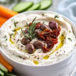 Whipped Feta Dip Roasted Olives Topped With Fresh Rosemary And Lemon Zest, Served In A White Dish.