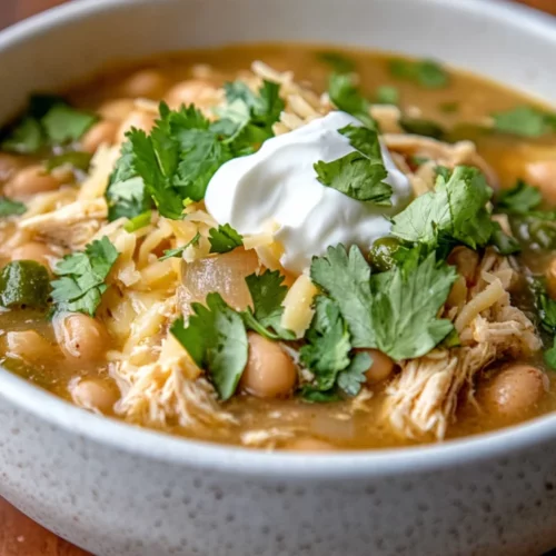 Bowl Of White Chicken Chili Topped With Cilantro And Cheese On A Rustic Wooden Table