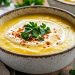 Bowl Of Creamy Yellow Split Pea Soup Garnished With Cashew Cream And Fresh Parsley On A Rustic Table
