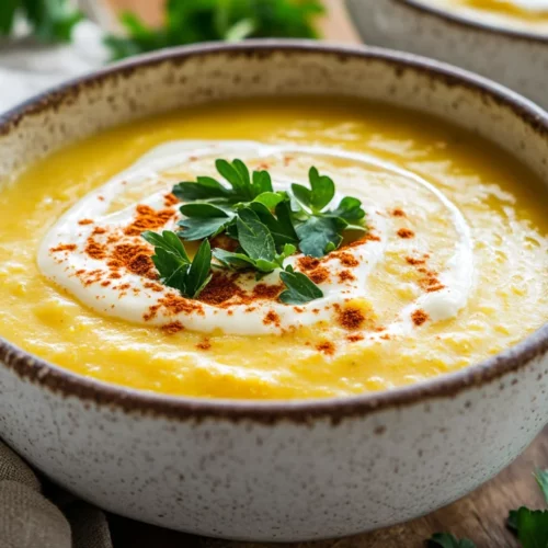 Bowl Of Creamy Yellow Split Pea Soup Garnished With Cashew Cream And Fresh Parsley On A Rustic Table