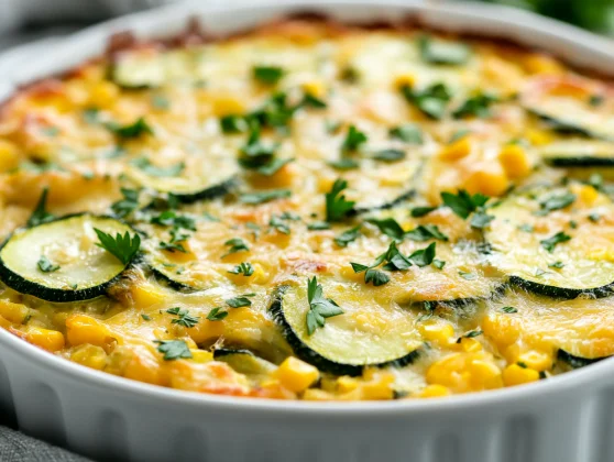 Delicious Zucchini Corn Casserole Served In A White Skillet, Topped With Melted Cheese And Fresh Parsley
