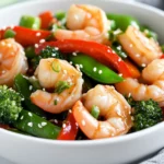 Colorful 30 Minute Shrimp Stir Fry In A White Bowl Garnished With Sesame Seeds And Green Onions