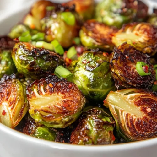 Crispy Air Fryer Brussels Sprouts With Sweet And Spicy Glaze 2 Crispy Air Fryer Brussels Sprouts In A White Bowl, Garnished With Scallions And Aleppo Pepper