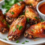 Crispy Air Fryer Chicken Wings On A White Plate Garnished With Parsley And Served With Buffalo Sauce
