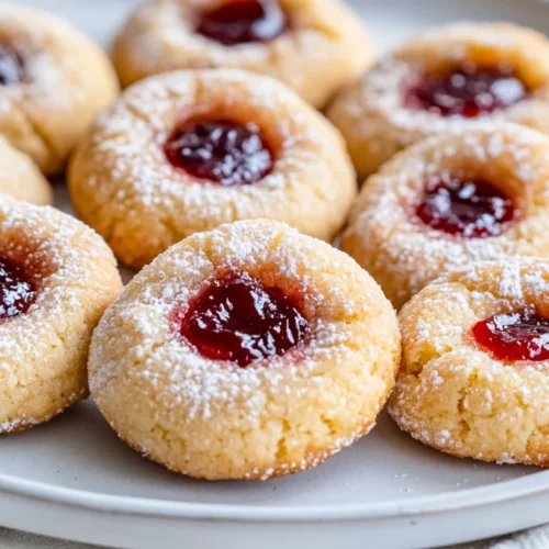 Golden Almond Flour Thumbprint Cookies On A White Plate, Filled With Colorful Jam And Lightly Dusted With Powdered Sugar.