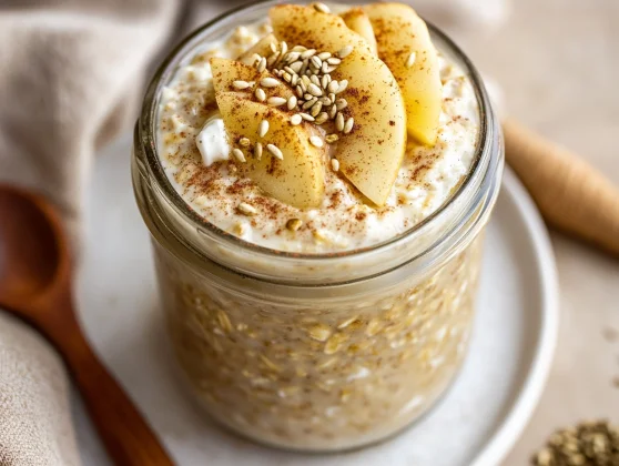 Apple Pie Overnight Oats: The Perfect Healthy Breakfast Recipe 2 Glass Jar Of Apple Pie Overnight Oats Topped With Yogurt, Cinnamon Apples, Hemp Seeds On A White Plate