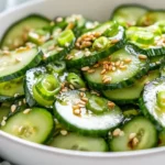 Bowl Of Fresh Asian Cucumber Salad Garnished With Scallions And Sesame Seeds On A White Plate.