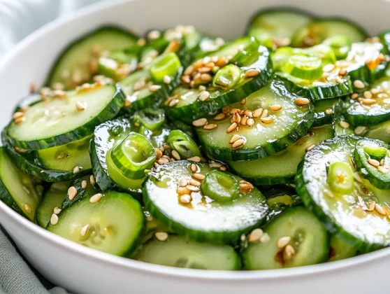 Bowl Of Fresh Asian Cucumber Salad Garnished With Scallions And Sesame Seeds On A White Plate.