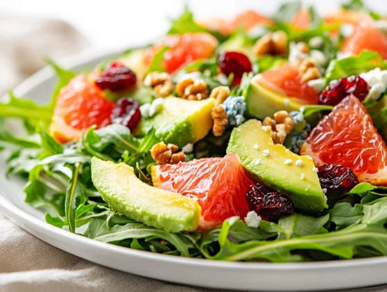 Avocado Grapefruit Salad: A Fresh And Healthy Delight 2 Vibrant Avocado Grapefruit Salad On A White Plate, Topped With Walnuts And Cranberries, Showcasing Bright Colors.
