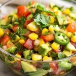 Delicious Avocado Salsa In A Glass Bowl, Garnished With Cilantro And Lime Wedges, Vibrant Colors And Fresh Ingredients.