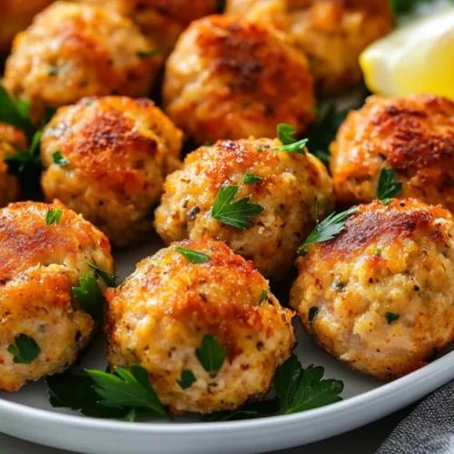 Plated Baked Chicken Meatballs Garnished With Parsley And Lemon Wedges On A White Plate