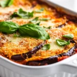 Baked Eggplant Parmesan With Layers Of Crispy Eggplant And Melted Cheese Topped With Fresh Basil