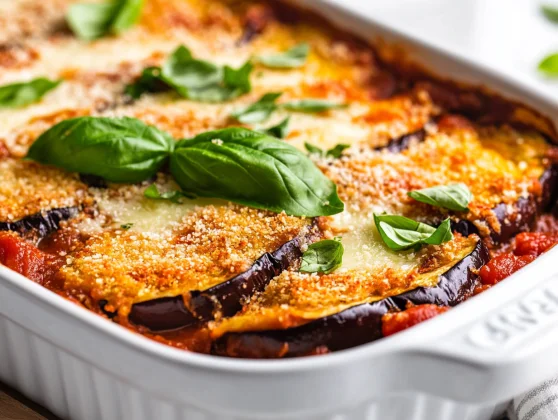Baked Eggplant Parmesan With Layers Of Crispy Eggplant And Melted Cheese Topped With Fresh Basil