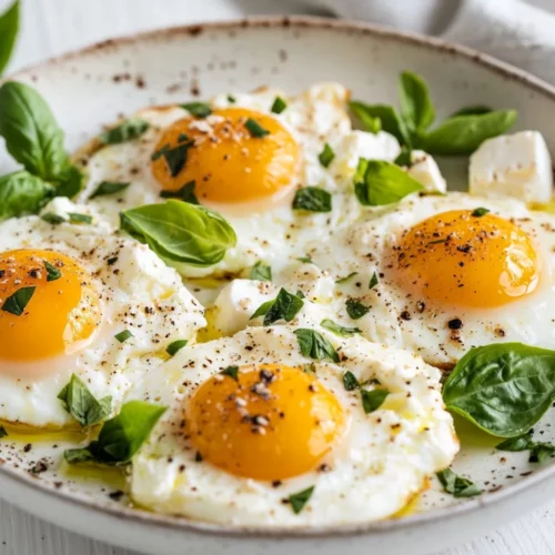 Easy Baked Feta Eggs: A Healthy Mediterranean Breakfast 2 Baked Feta Eggs Served On A White Plate, Garnished With Fresh Basil And Mint Leaves
