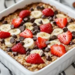 Baked Oatmeal With Strawberries And Bananas In A White Baking Dish, Garnished With Fresh Fruit And Chocolate Chips