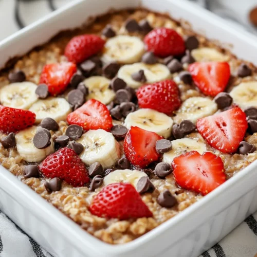 Baked Oatmeal With Strawberries And Bananas: A Healthy Breakfast Favorite 2 Baked Oatmeal With Strawberries And Bananas In A White Baking Dish, Garnished With Fresh Fruit And Chocolate Chips