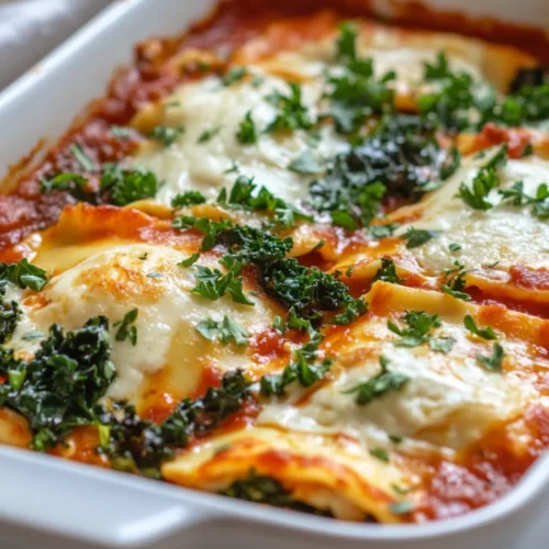 Baked Ravioli With Kale Served In A White Dish, Topped With Melted Cheese And Fresh Parsley