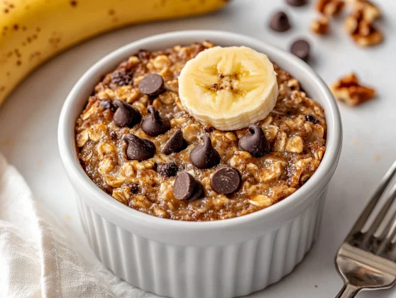 Dish Of Banana Bread Baked Oats In A White Ramekin Topped With Mini Chocolate Chips And Fresh Banana Slices