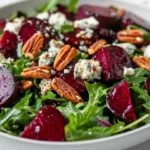 Beet Salad With Arugula Topped With Gorgonzola And Pecans In A White Bowl, Drizzled With Balsamic Vinaigrette