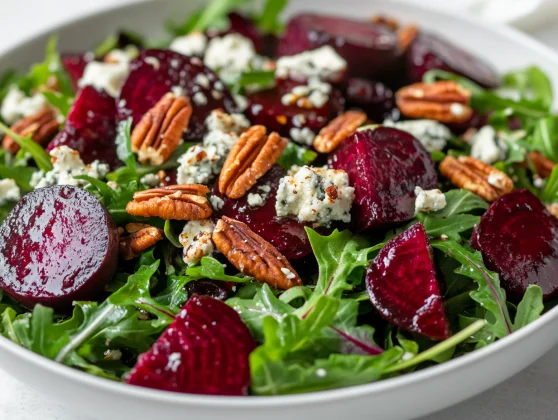 Beet Salad With Arugula: A Healthy And Delicious Recipe 2 Beet Salad With Arugula Topped With Gorgonzola And Pecans In A White Bowl, Drizzled With Balsamic Vinaigrette