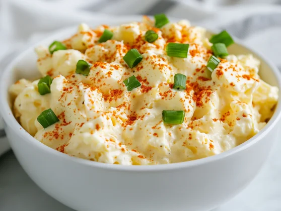 Bowl Of Best Egg Salad With Green Onions And Paprika On A White Towel