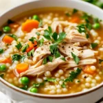 Bowl Of Best Turkey Soup With Shredded Turkey, Pearl Couscous, And Fresh Parsley On A White Plate