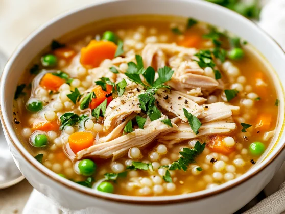Bowl Of Best Turkey Soup With Shredded Turkey, Pearl Couscous, And Fresh Parsley On A White Plate