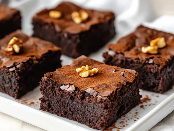 Fudgy Black Bean Brownies On A White Plate Dusted With Cocoa Powder And Topped With Walnuts