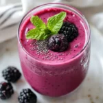 Vibrant Blackberry Smoothie In A Clear Glass, Garnished With Fresh Blackberries And Mint On A White Plate
