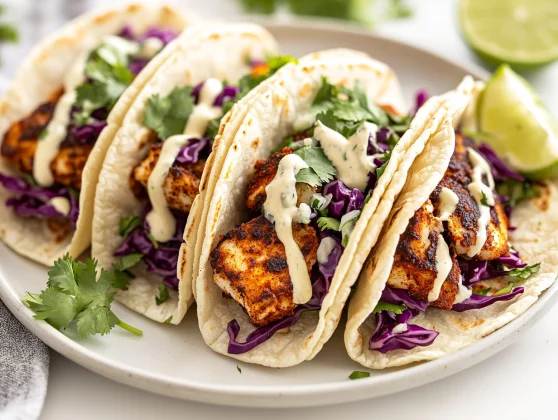 Healthy And Delicious Blackened Fish Tacos Recipe You'Ll Love 2 Appetizing Blackened Fish Tacos Topped With Crunchy Cabbage And Lime Wedges On A White Plate