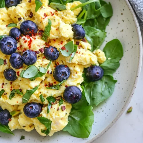 Close-Up Of A Blueberry Breakfast Salad On A White Plate, Featuring Scrambled Eggs, Blueberries, And Fresh Herbs.