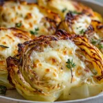 Cheesy Roasted Cabbage Wedges Topped With Melted Gruyère Cheese And Garnished With Fresh Thyme On A White Plate
