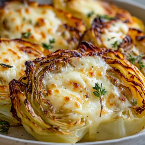 Cheesy Roasted Cabbage Wedges Topped With Melted Gruyère Cheese And Garnished With Fresh Thyme On A White Plate