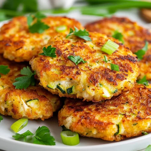 Cheesy Zucchini Chicken Fritters - Healthy, Easy And Delicious 2 Crispy Cheesy Zucchini Chicken Fritters On A White Plate Garnished With Fresh Parsley And Green Onions