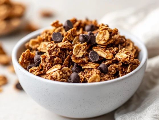 Chewy Grain-Free Banana Bread Granola: A Healthy And Delicious Snack 2 Bowl Of Chewy Grain-Free Banana Bread Granola Topped With Dark Chocolate Chips And A Sprinkle Of Cinnamon