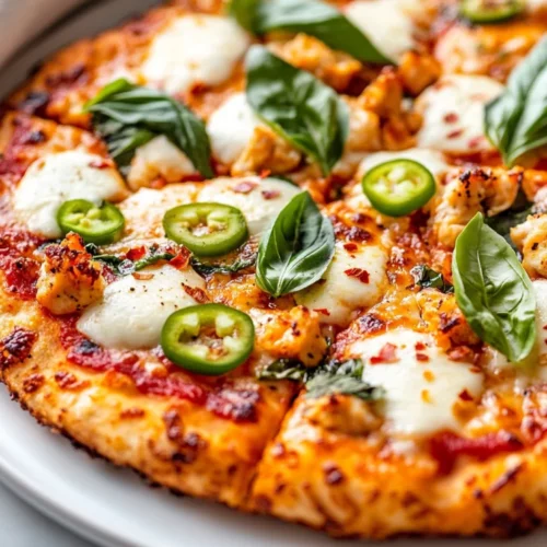 Crispy Chicken Crust Pizza Topped With Melted Cheese And Fresh Vegetables On A White Plate, Garnished With Basil