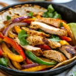 Colorful Chicken Fajitas Served On A White Plate With Fresh Cilantro And Lime Wedges