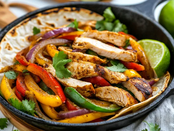 Healthy Chicken Fajitas Recipe - Easy And Flavorful Dinner 2 Colorful Chicken Fajitas Served On A White Plate With Fresh Cilantro And Lime Wedges