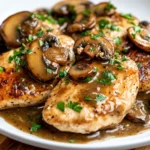 Chicken Marsala On A White Plate Topped With Mushrooms And Parsley In A Creamy Sauce