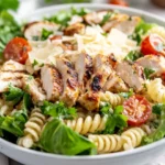 Close-Up Of Chicken Pasta Salad With Caesar Dressing In A Bowl, Topped With Parmesan And Tomatoes