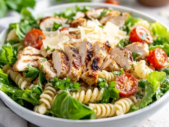 Chicken Pasta Salad With Caesar Dressing: A Healthy And Delicious Classic 2 Close-Up Of Chicken Pasta Salad With Caesar Dressing In A Bowl, Topped With Parmesan And Tomatoes