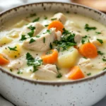 Bowl Of Chicken Pot Pie Soup Topped With Fresh Parsley And Colorful Vegetables On A Neutral Background