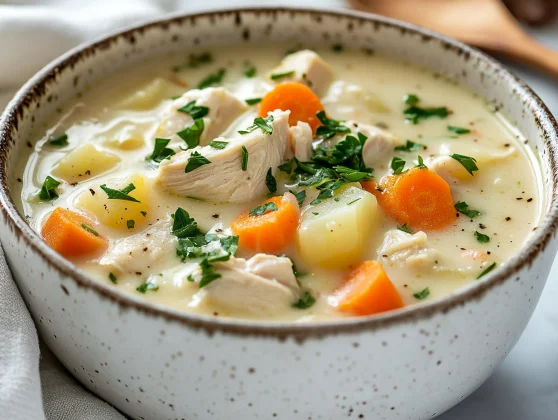 Healthy And Creamy Chicken Pot Pie Soup Recipe - Easy &Amp; Delicious 2 Bowl Of Chicken Pot Pie Soup Topped With Fresh Parsley And Colorful Vegetables On A Neutral Background