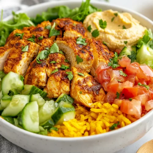 Healthy Chicken Shawarma Bowl With Turmeric Rice, Crisp Lettuce, Hummus, And Fresh Salad On A White Plate