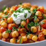 Bowl Of Chickpeas With Harissa Topped With Yogurt And Parsley, Served On A White Plate With A Blue Kitchen Towel