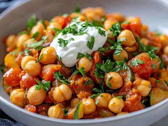 Chickpeas With Harissa: A Healthy, Flavor-Packed Recipe 2 Bowl Of Chickpeas With Harissa Topped With Yogurt And Parsley, Served On A White Plate With A Blue Kitchen Towel