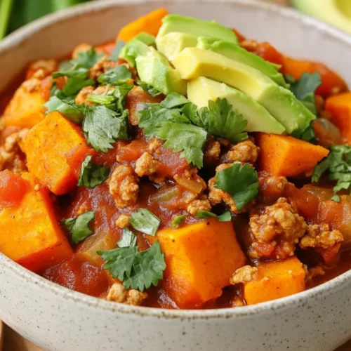 Bowl Of Chipotle Turkey Sweet Potato Chili Topped With Avocado And Cilantro On A Neutral Background
