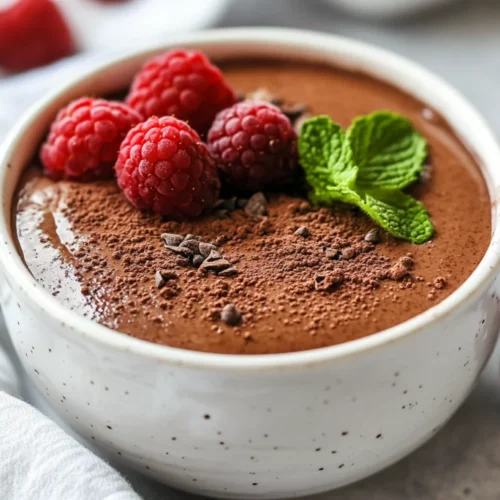 Chocolate Chia Mousse: The Ultimate Healthy Dessert Recipe 2 Chocolate Chia Mousse In A White Bowl, Topped With Raspberries And Mint Leaves, Showcasing Its Rich Texture.