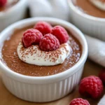 Chocolate Pudding With Raspberries Topped With Greek Yogurt And Fresh Raspberries In A White Ramekin